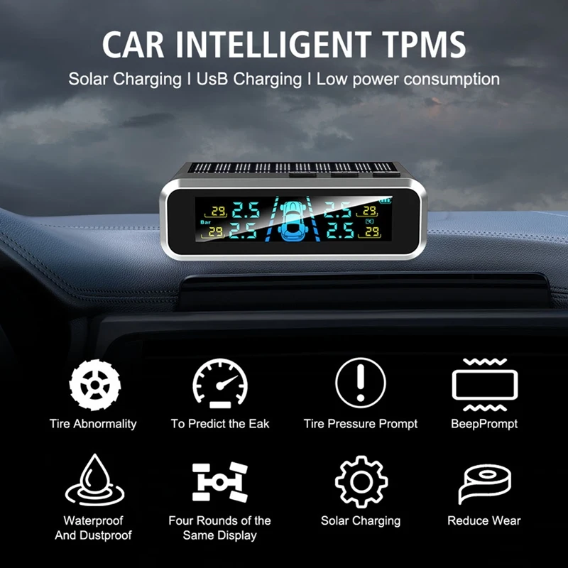 NCSMT USB / Solar TPMS Car Tire Pressure Monitoring System Tyre Temperature Monitor Digital LCD Display Auto Security Monit