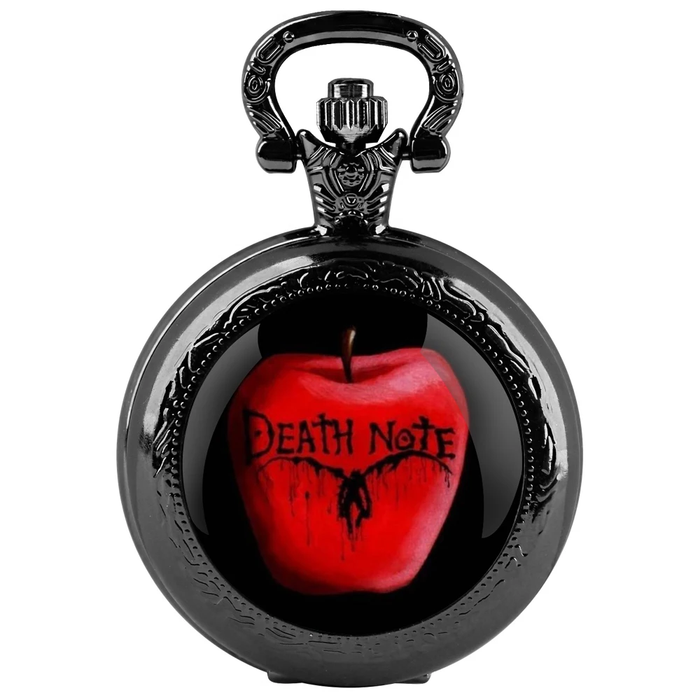 Apple Death Note Glass Dome Black Quartz Pocket Watch with Arabic Numerals Dial and Durable Chain Retro Gift for Men Women