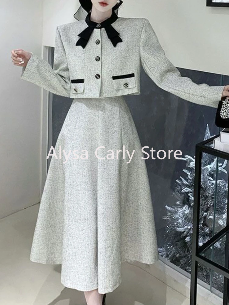 Korean Elegant Two Piece Set Women Autumn Chic Bow Coat Folds Midi Skirt Set Vintage Office Lady Formal Occasion Party Skirt Set