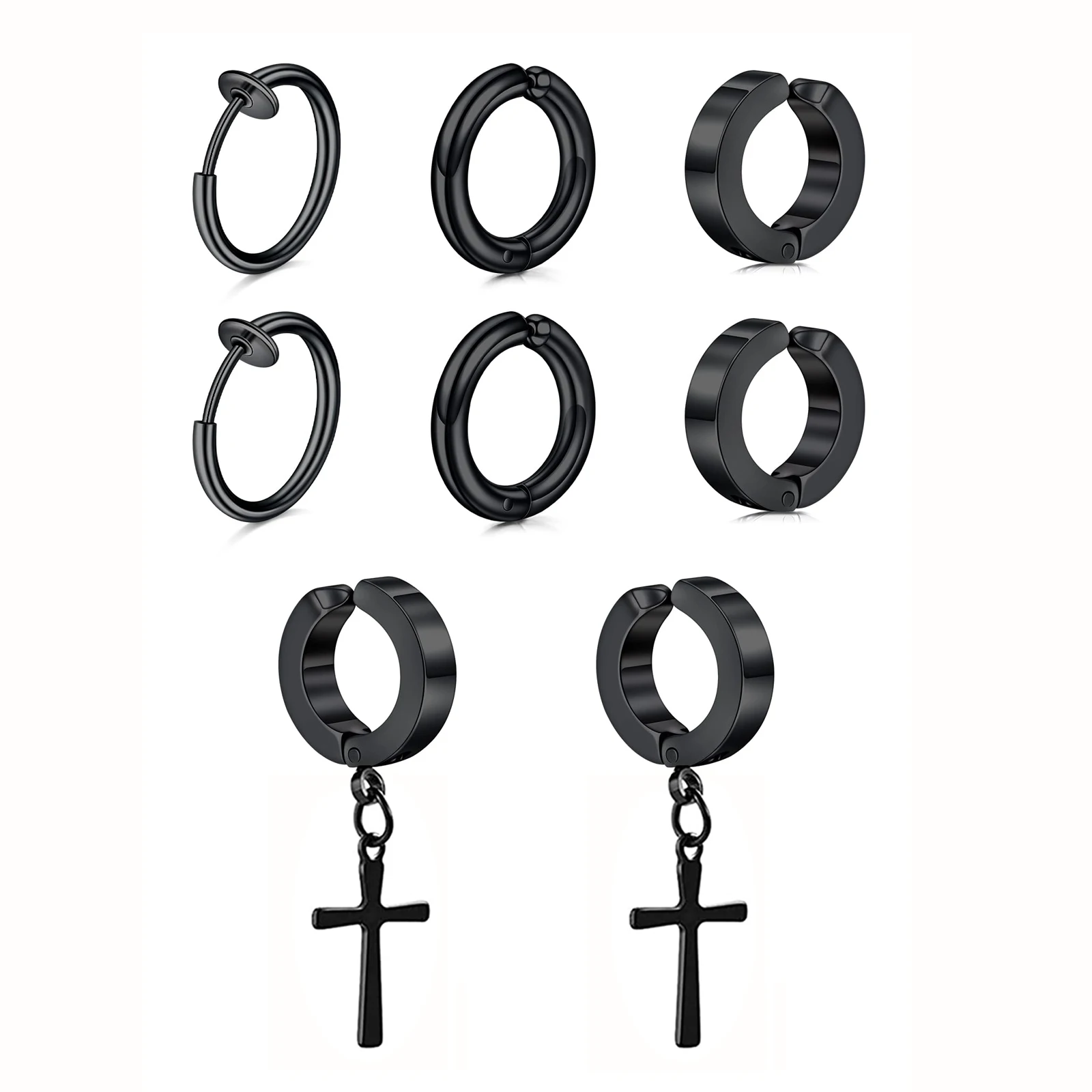 2/8pcs Black Stainless Steel Clip on Earrings Fake Nose Rings Studs Ear Cuff Non-Piercing Cross Dangle Earrings for Women Men