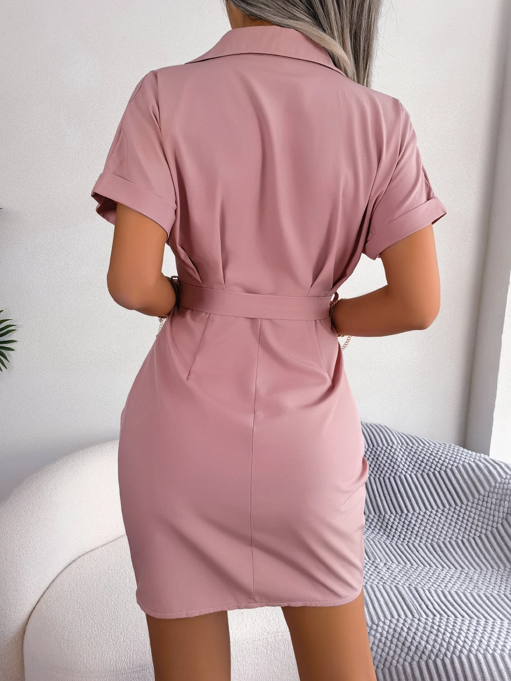 Women Summer Casual Short Sleeve Buttons Pleated Pencil Dress Blue Pink Red Bodycon Dress 2026 Fashion Woman Clothing