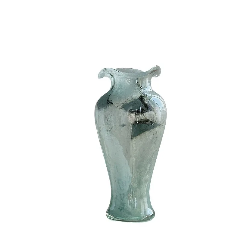 

Blue transparent glass vase, Chinese style retro lace decorative flower ornament