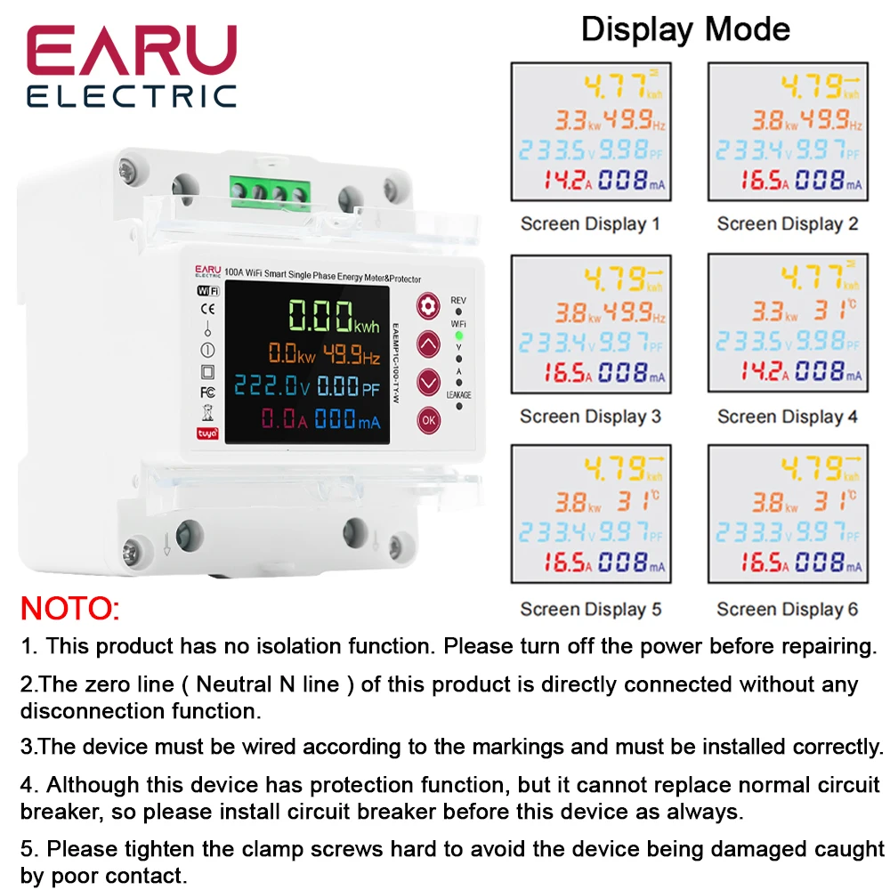 2P 100A Tuya WiFi Smart Bi-Directional Energy Power kWh Meter Leakage Over Under Voltage Protector Relay Switch Current Limit