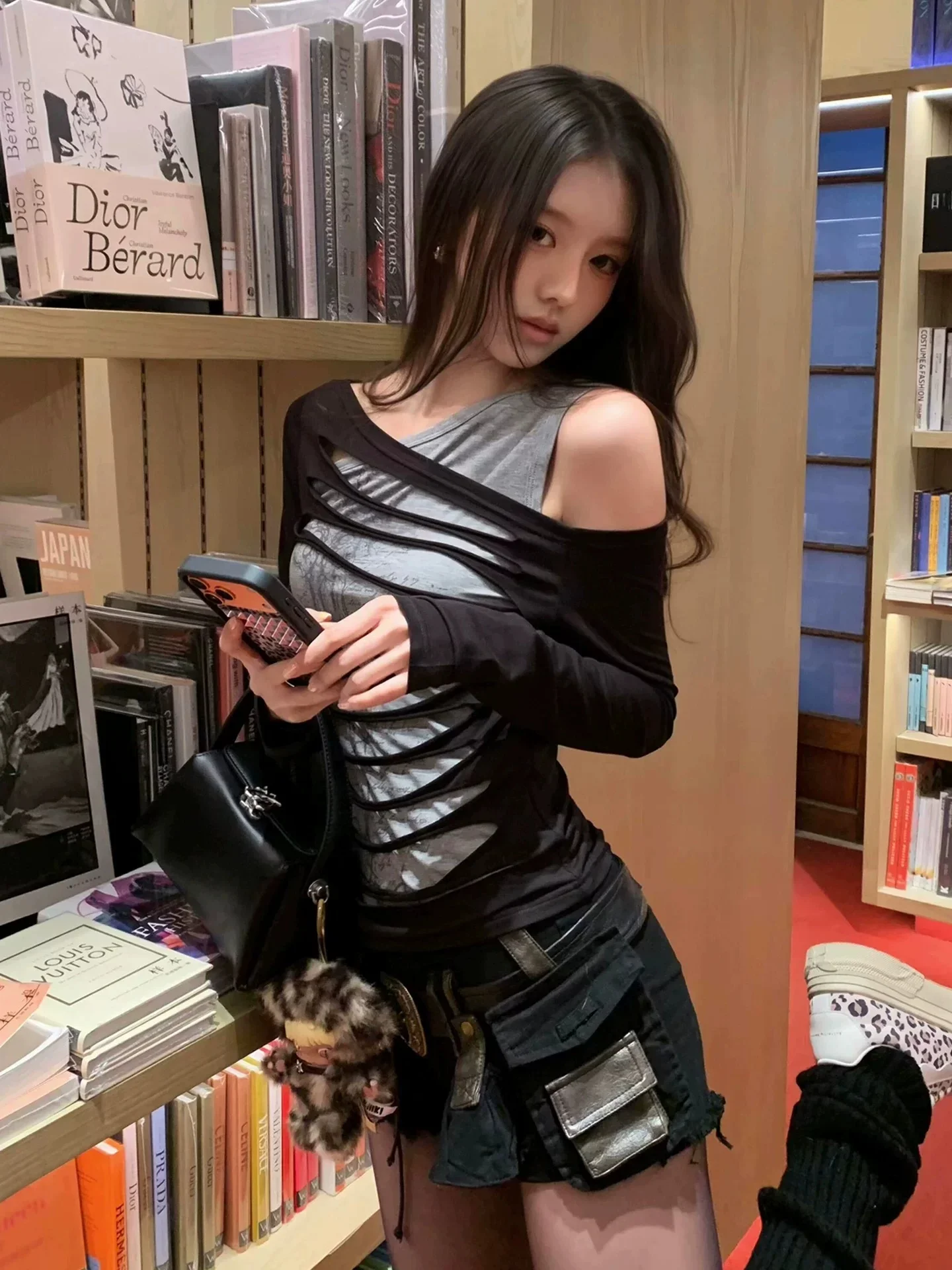 Black Hollow out Striped Long Sleeve T-Shirt Women's Summer Distressed Y2K Subculture Top American Hot Girl Style Slim Fit Ko...