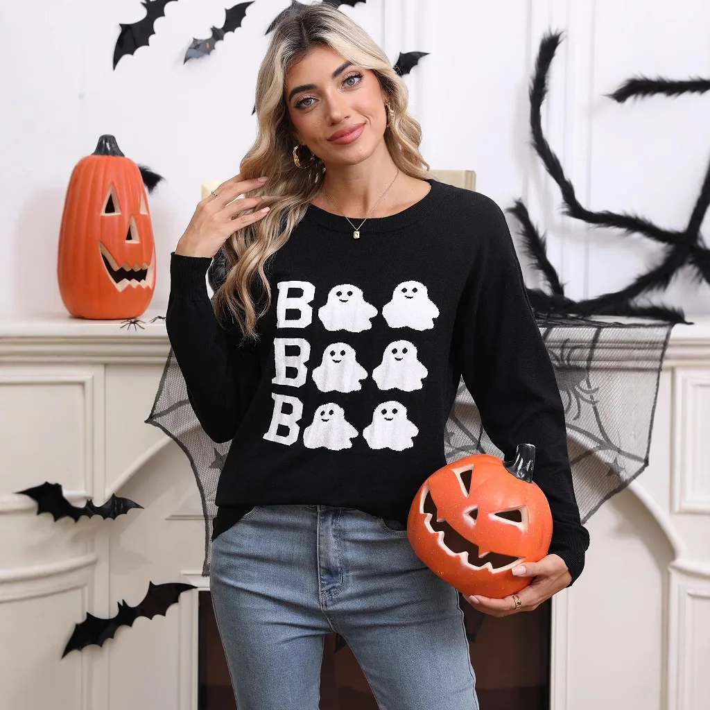 Embroidered round Ne Knit Sweater Casual loween Design Long Sve Mid-Length Women's Comfortable Commute Sle Sweater