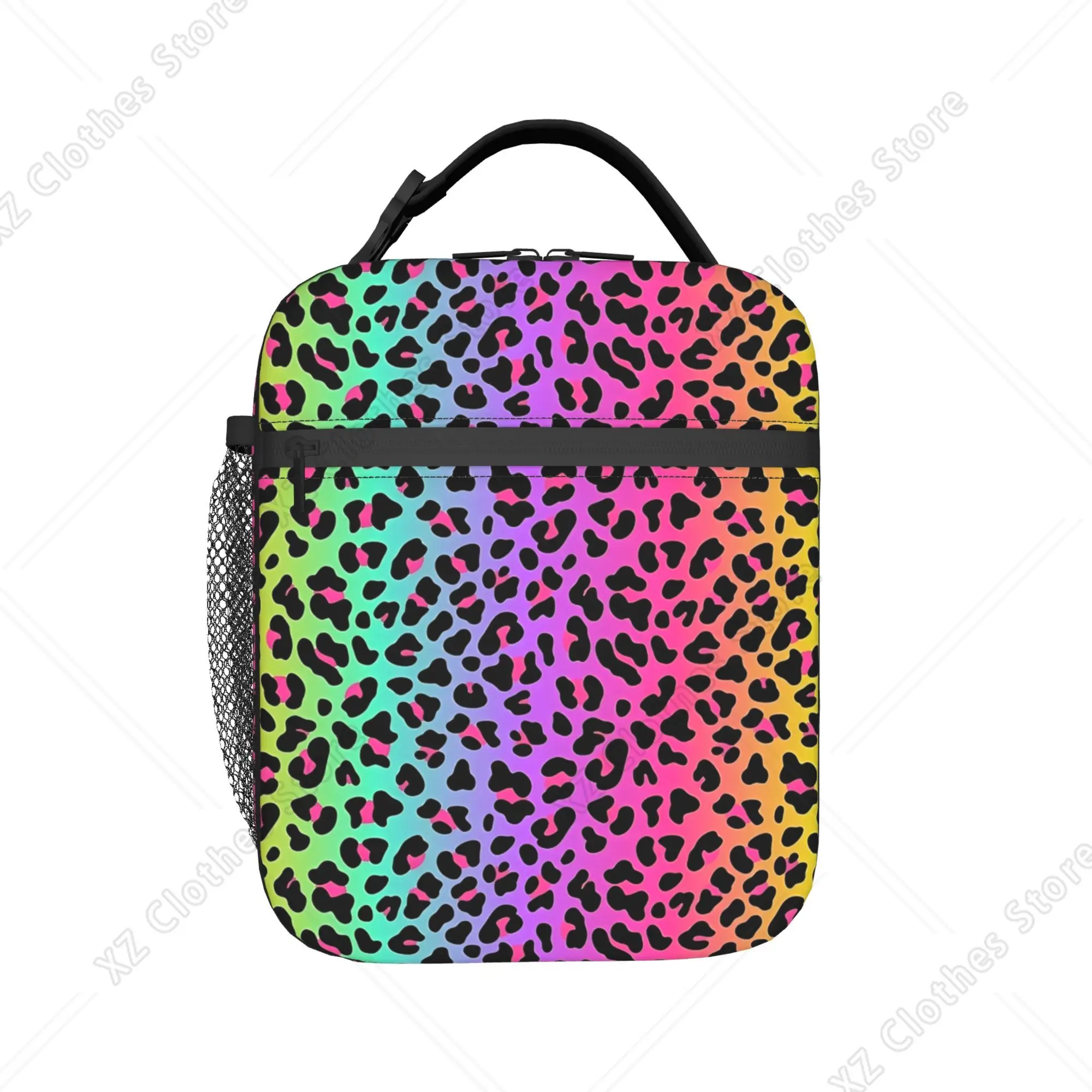 Neon Rainbow Leopard Print Lunch Bag  Travel Lunch Box For Men  Retro Graphic Tote Food Bags Oxford Convenient Cooler Bag