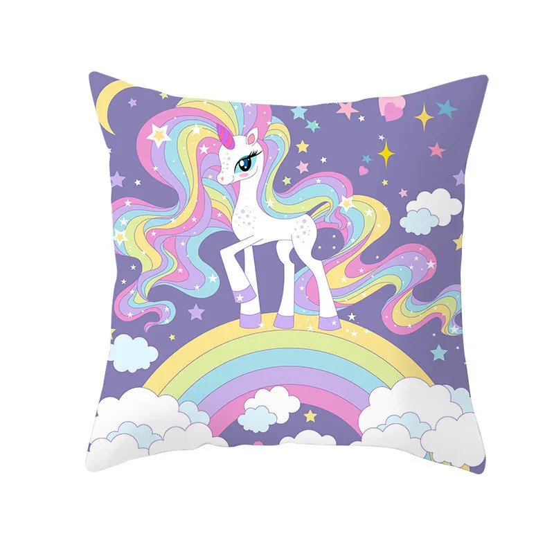 Juste de coussin de dessin animé imprimé licorne, taie en polyester, vêtements décoratifs de canapé, décoration de la maison, 45x45