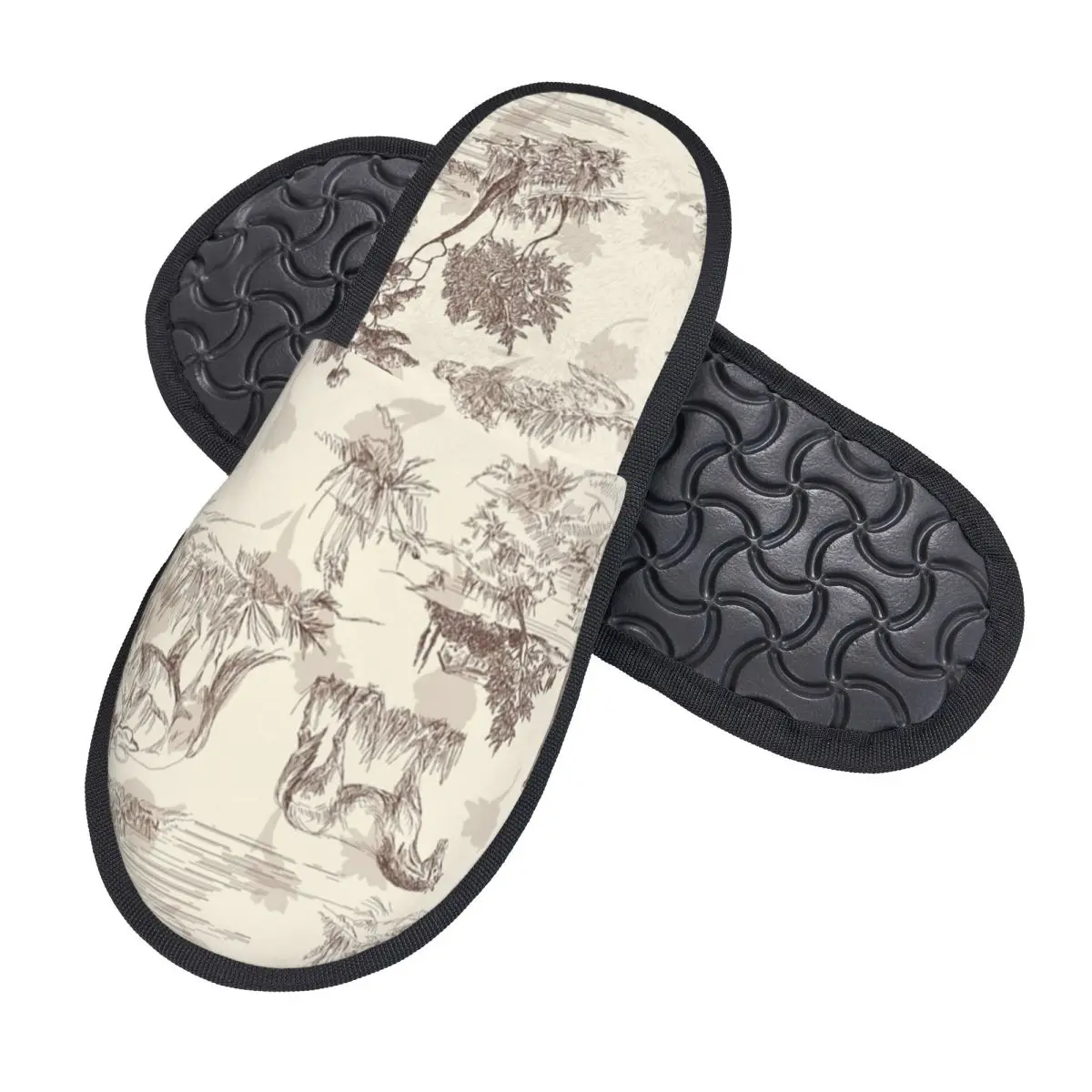 Toile De Jouy Sepia خمر الباريسية الفن تصميم شبشب منزل النساء مريح رغوة الذاكرة الانزلاق على شبشب الفندق الأحذية