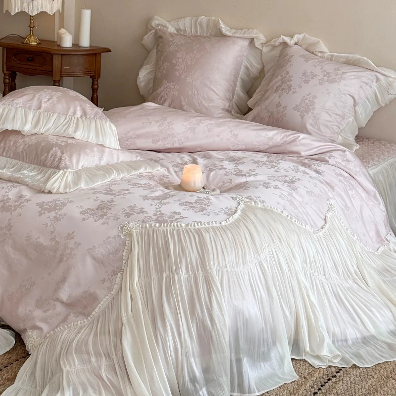 French romantic girl jacquard tencel cotton bed cover four-piece set island yarn lace quilt cover bedding
