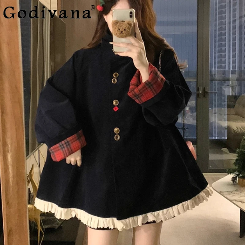Autumn Winter Plus Size Girl on Both Sides Wear Loose Sweet Ruffles Coat Fashion Round Neck Long Sleeve Versatile A-line Jacket