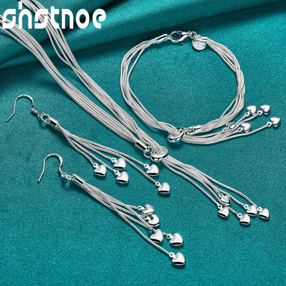 SHSTONE 925 Sterling Silver 3/PCS Heart Tassels Snake Chain Necklace Bracelet Earring Series Set For Woman Wedding Party Jewelry