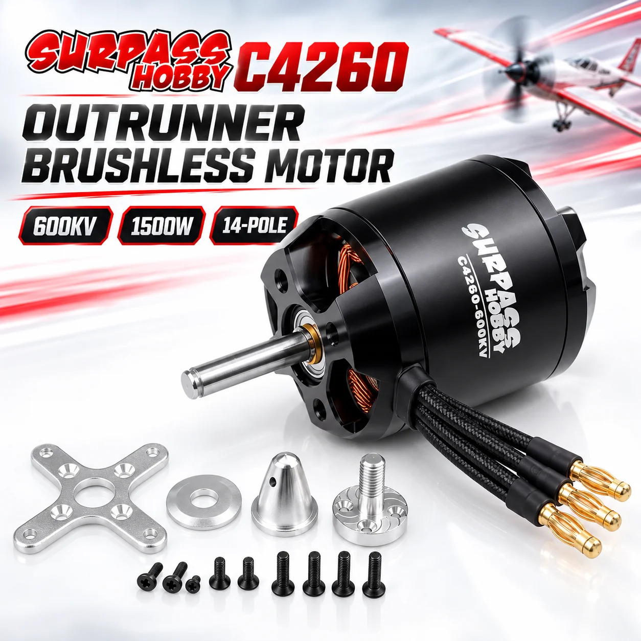 Surpass Hobby C4260 600KV 1500W 75A 14-Pole Outrunner Brushless Motor for RC Airplane Fixed Wing Helicopter Multicopter UAV