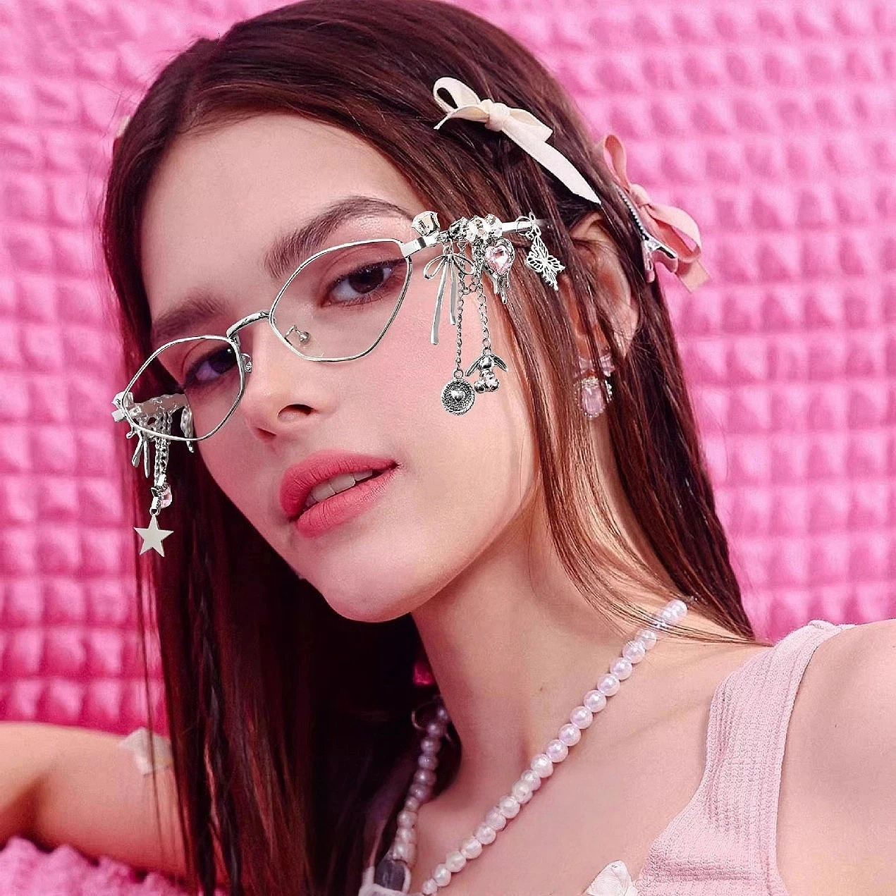 

y2k Small Metal Frame Sweet Cool Style Polygon Sunglasses for Women Girl's Star White Pink Rhinestone Metal Frame Cool Glasses