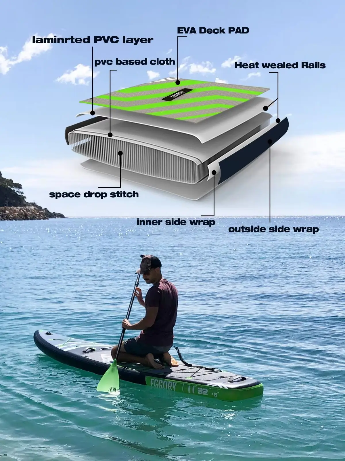 Eggory 11ft aufblasbares Stand-Up-Paddle-Board 335x81x15cm SUP-Board 170kg maximale Belastung für Erwachsene und Jugendliche mit verstellbarem Paddel, Finne, Sicherheitsleine, Handpumpe, Rucksack –