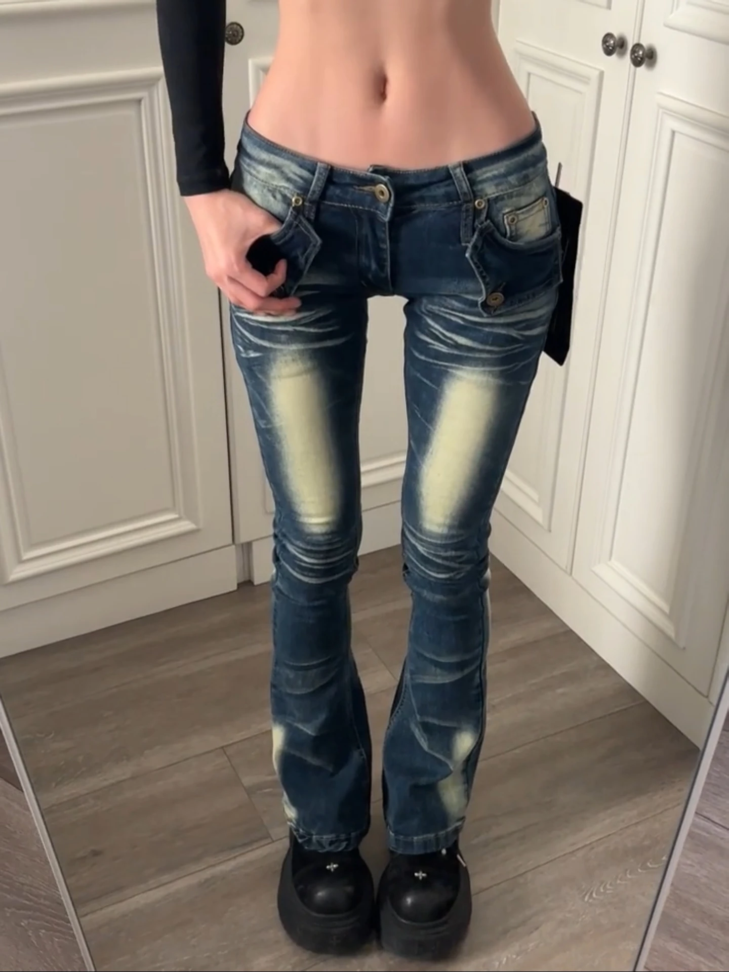 

Low Waist Bell Bottom Skinny Jeans Women's Retro American Style Hot Girl Washed Denim Pants High Street Design plus Size