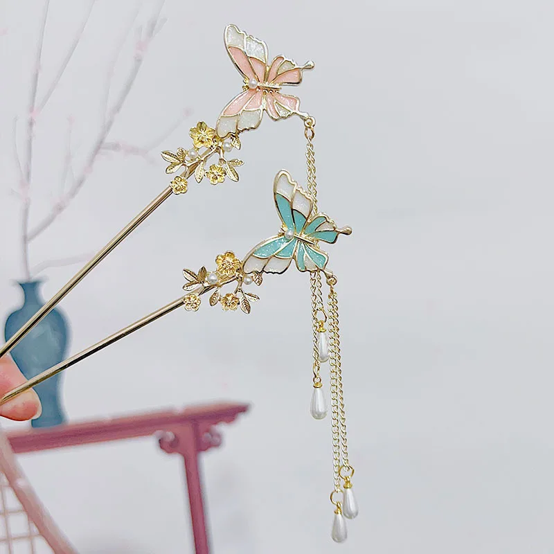 

Ancient-style hair accessories, flower-branch butterfly hairpins, high-end fringed women's simple hairpins, cheongsam headwear