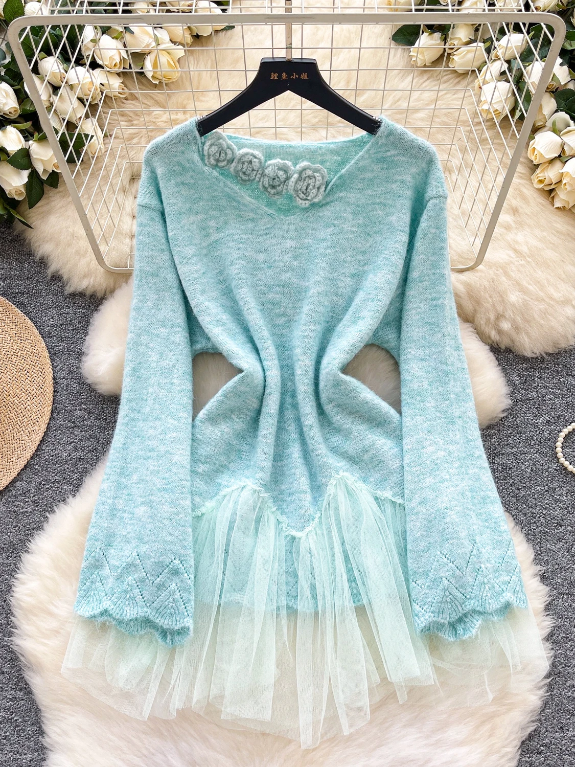 Женский осенне-зимний свитер, вязаный 3D цветок, v-образный вырез, длинные рукава, сетчатый лоскутный вязаный мягкий вязаный топ, пуловер, женский SW033