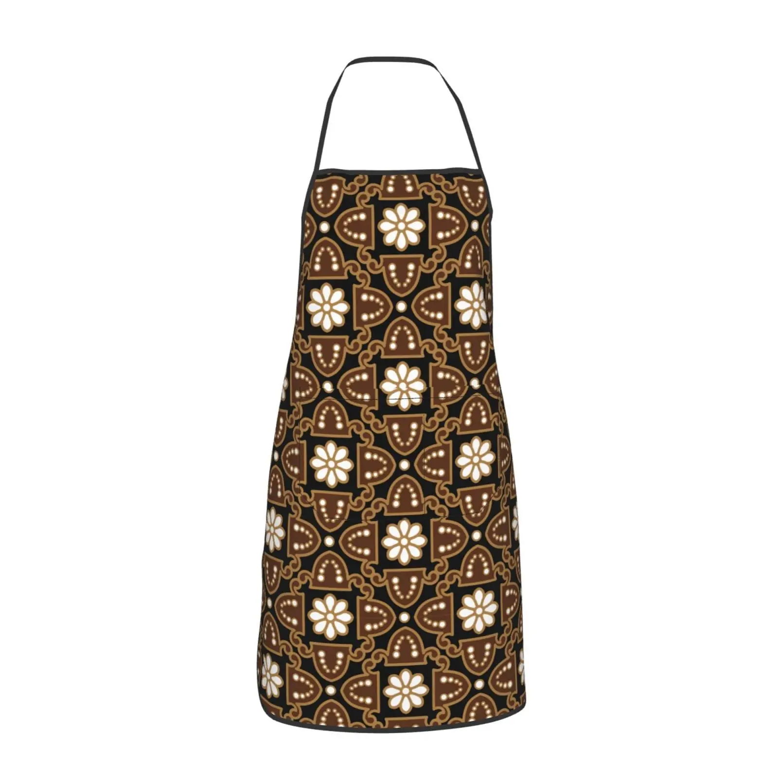 Batik Flower Geometric Vintage Brown Apron for Women Men Teen with Pockets Aprons for Cooking Chef Kitchen BBQ