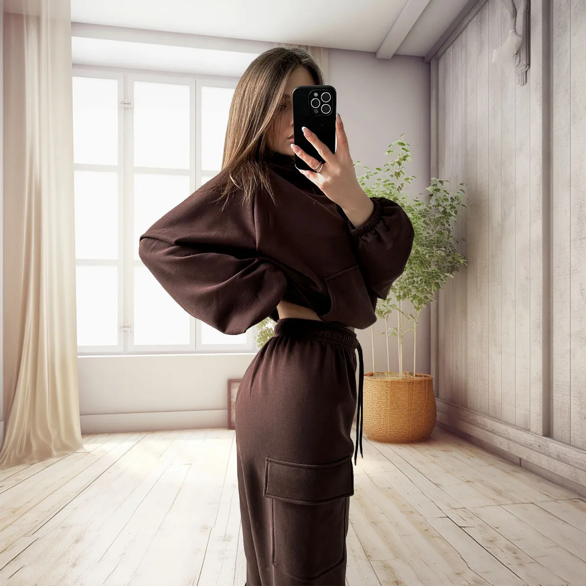 Solid color hooded sweatshirt two-piece set for women, new long sleeved work pants with pockets, casual sports suit