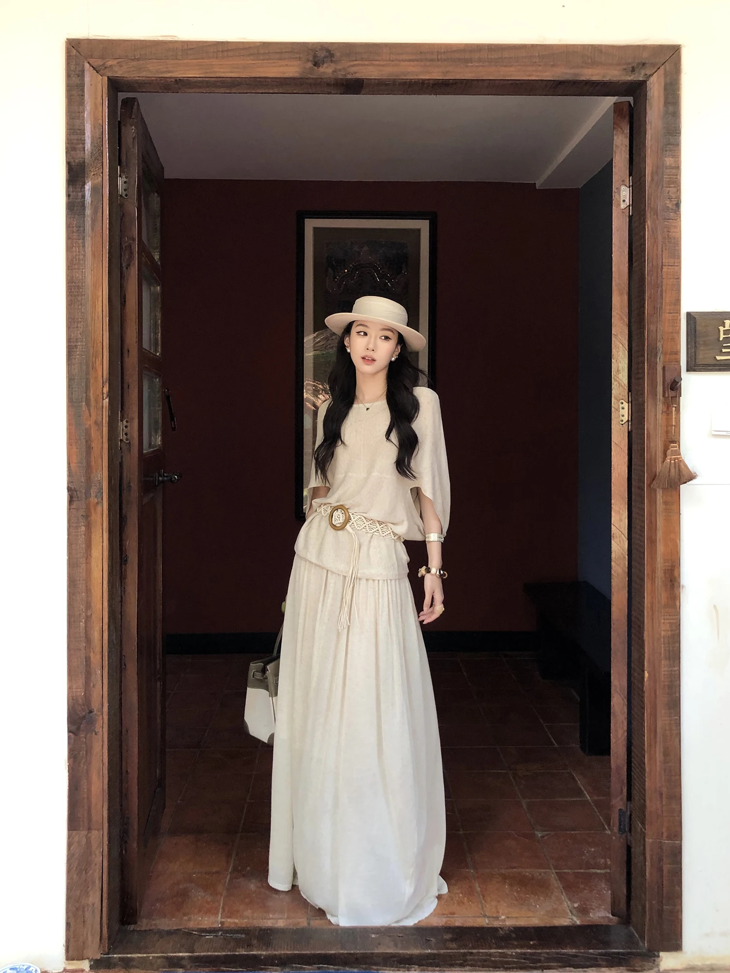 

KKABOVE Linen Batwing Sleeve Loose Knitted Top And Long Skirt Set Breathable Loose Fit Fashionable Spring Summer Outfit