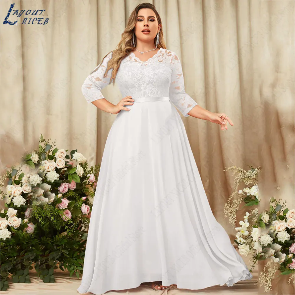 LAYOUT NICEB Plus Size A-Line Chiffon Wedding Dresses Lace Three Quarter Sleeves Bride Gown Belt V-Neck vestidos para mujer 2024