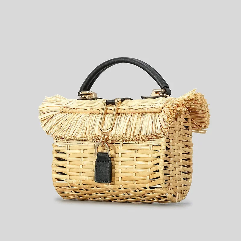 Summer Retro Handmade Rattan Weaving Designer Bag PU Handle Trendy Beach Handbags for Women Holiday Style Tote Bags