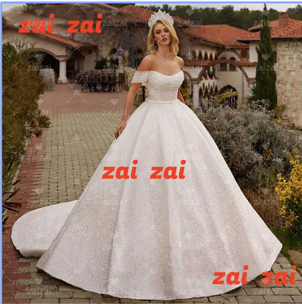 Customized Gorgeous Sparkling Boat Neck Ball Gown Wedding Dresses Sequined Beaded Lace Bridal Gowns with Chapel Train
