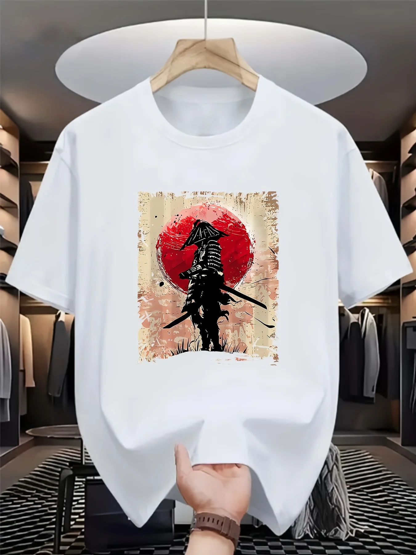 

[Red T-Shirt] Cotton Men's T-Shirt | Red with Japanese Samurai Silhouette & Sun Graphic - Casual Crew Neck