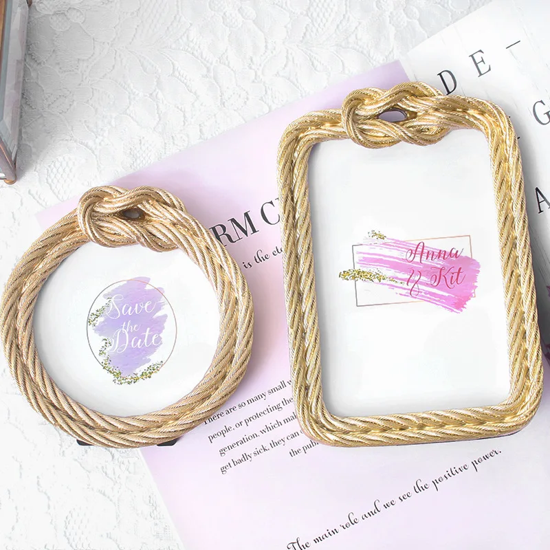 European-style 6-inch Hemp Rope Resin Photo Frame Golden High-definition Glass Table Round 3-inch Home Crafts Desktop Ornaments