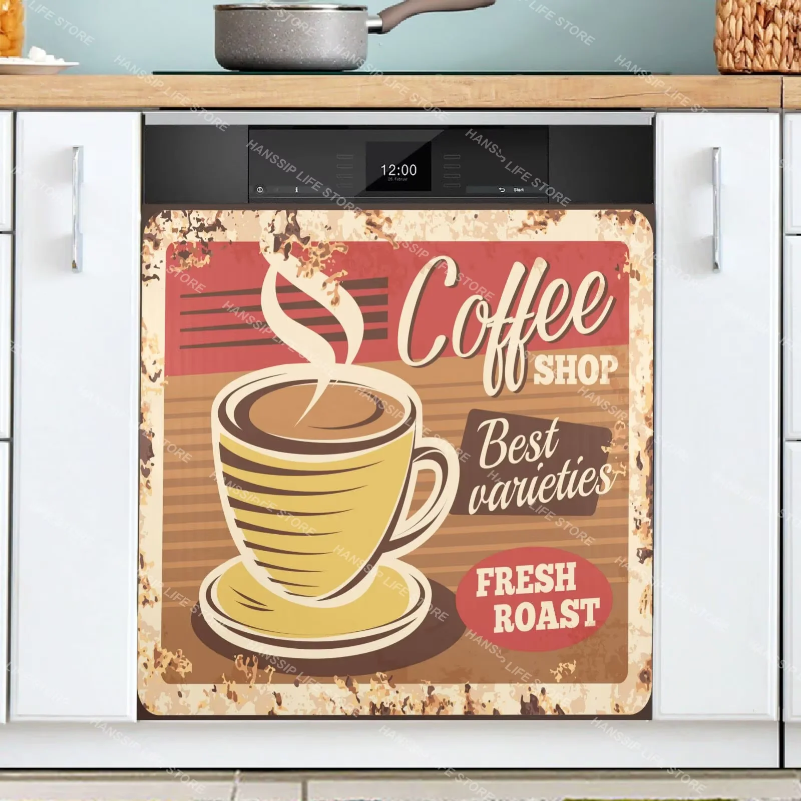 Retro Coffee Poster Dishwasher Mural Decals Waterproof Kitchen Decorative Poster for Dishwashing Cabinet Freezer Door Sticker view 5