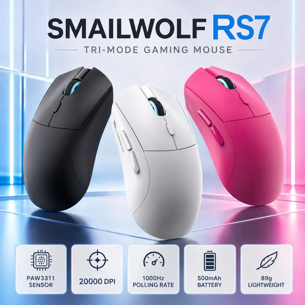 SMAILWOLF RS7 Wireless Gaming Mouse, PAW3311 Sensor, 6 Programmable Buttons, Adjustable DPI, Bluetooth 5.1, 2.4GHz, USB-C Wired
