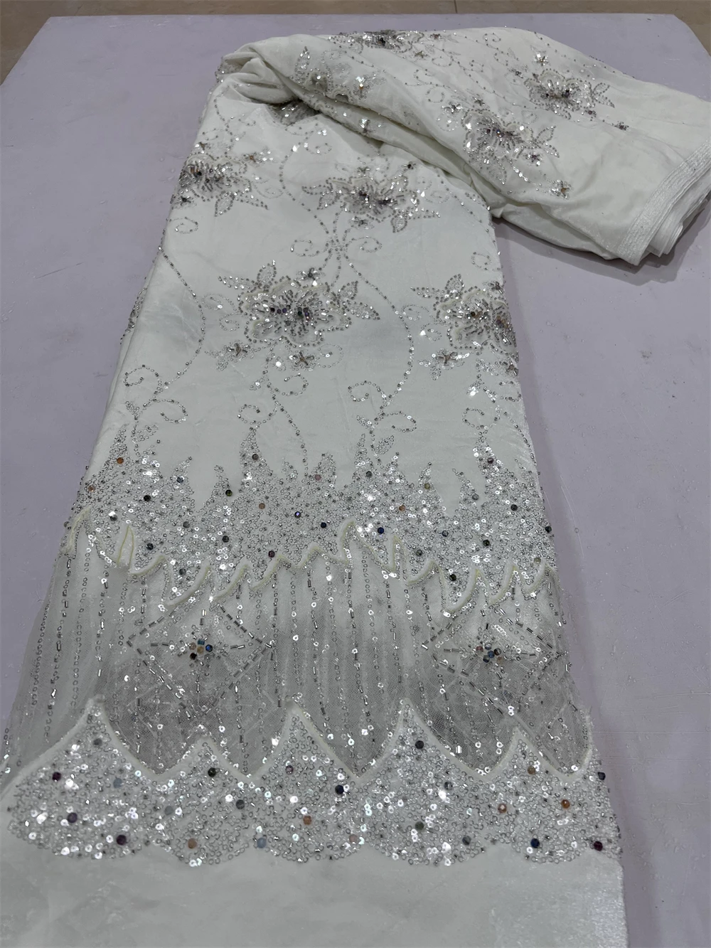 Luxury Material Nigerian Embroidered Velvet Lace Fabric Beaded Tulle 5 Yards for Wedding Dress Sewing African Style 2026