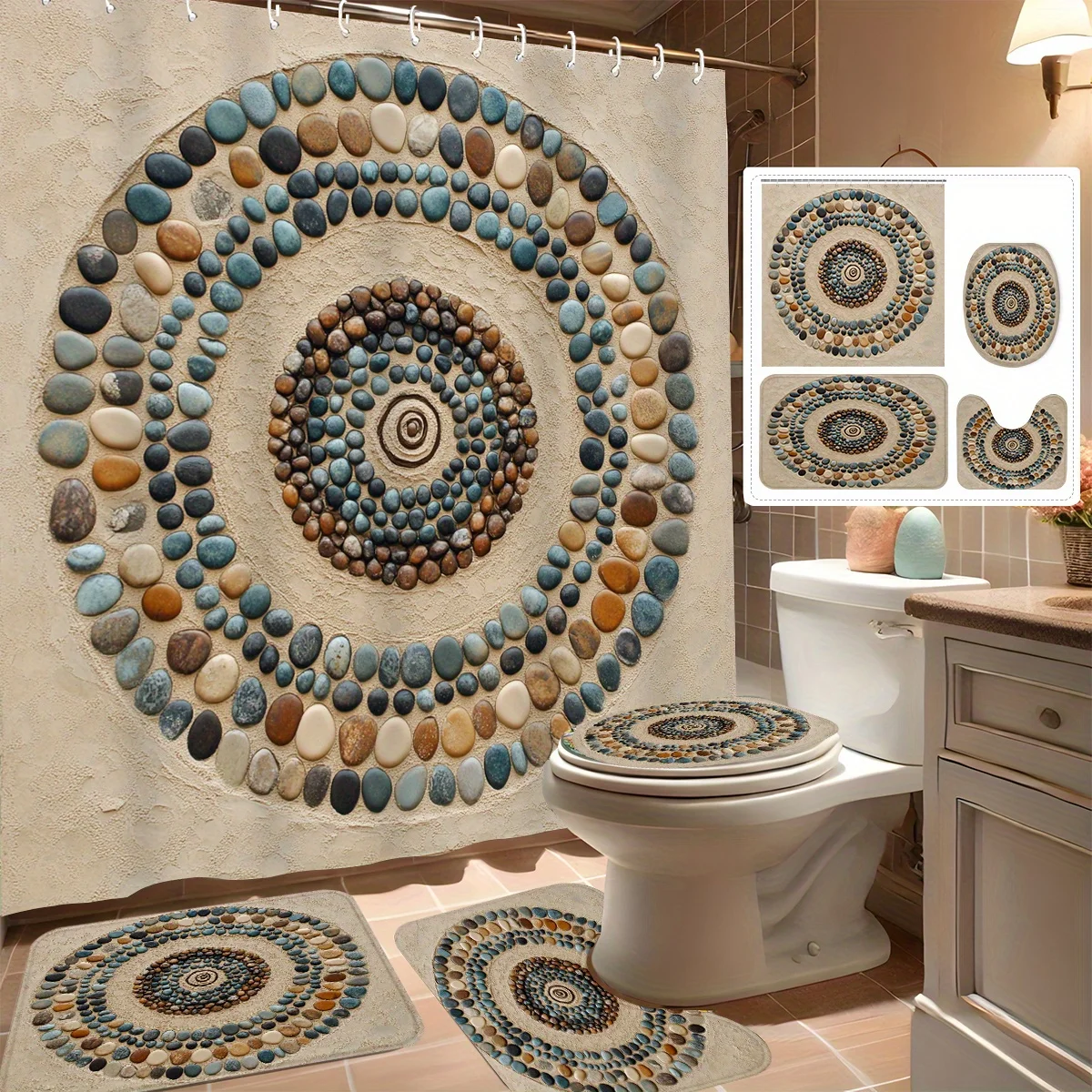 

4pcs Shower Curtain Set, Beautiful Pebble Spiral Pattern, Modern Bathroom Decor, Includes 12 Hooks, Non-Slip Bath Mat, U-Sha