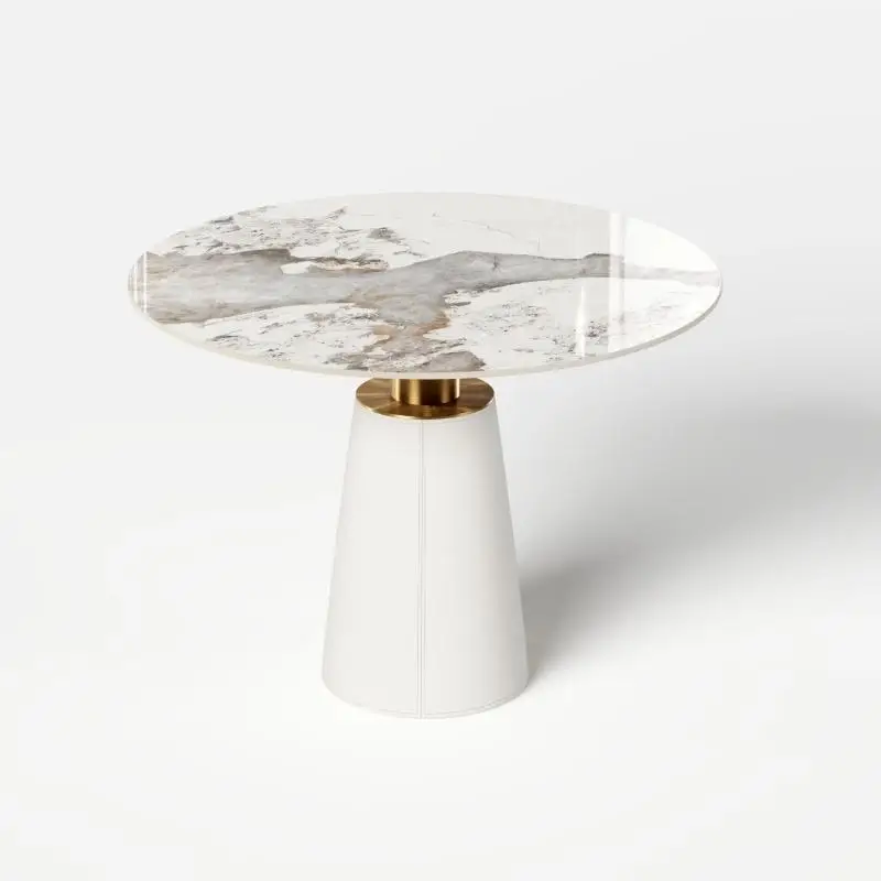 *Modern 39" Round Dining Table Sintered Stone Top with Saddle Leather Base 2-4 Seats Eco-Friendly Home Furniture