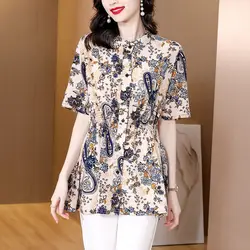 Floral Pleated Loose Office Shirt Tops Summer New Short Sleeve Print Button Thin Elegant Blouse Fashion Vintage Women Clothing