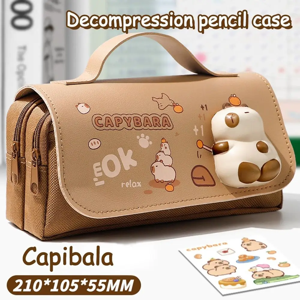 Cute Capybara Decompression Pen Bag 3-layer Multifunctional Stationery Bag Large Capacity Stationery Organizer Gift