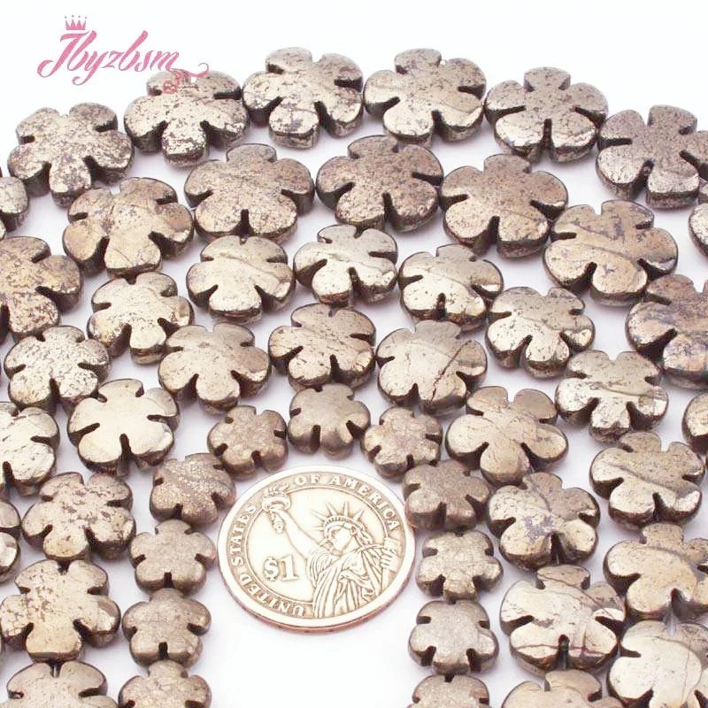 12 16 20mm Natural Pyrite Carved Flower Stone Beads  For DIY Accessories Bracelet Earring Necklace Jewelry Making Strand 15