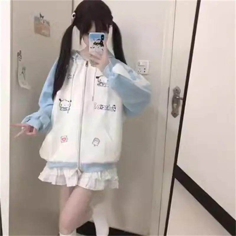 

Sanrio Pochacco толстовка с капюшоном на молнии с героями мультфильмов, весенне-осенний хлопковый свитер, аниме, спортивная куртка на открытом воздухе, милый топ, милое пальто, подарок для девочки