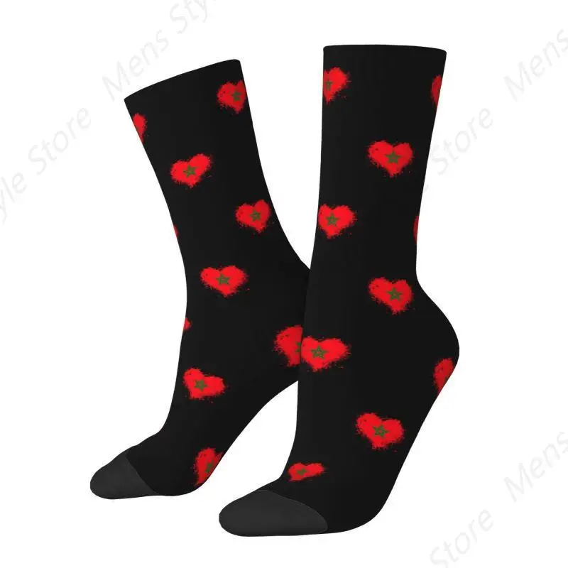 Morocco Flag Heart Men Women Crew Socks Unisex Kawaii Moorish Moroccan Patriotic Spring Summer Autumn Winter Dress Socks