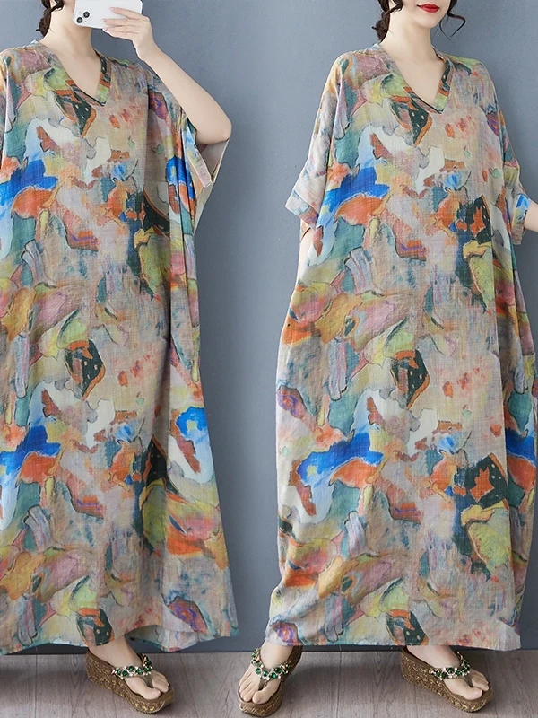 Summer Floral Print Vaion Sle Travel Long V-Ne Retro Cotton Linen Dr Knee-Length Meat Concealing Straight Cut Gown