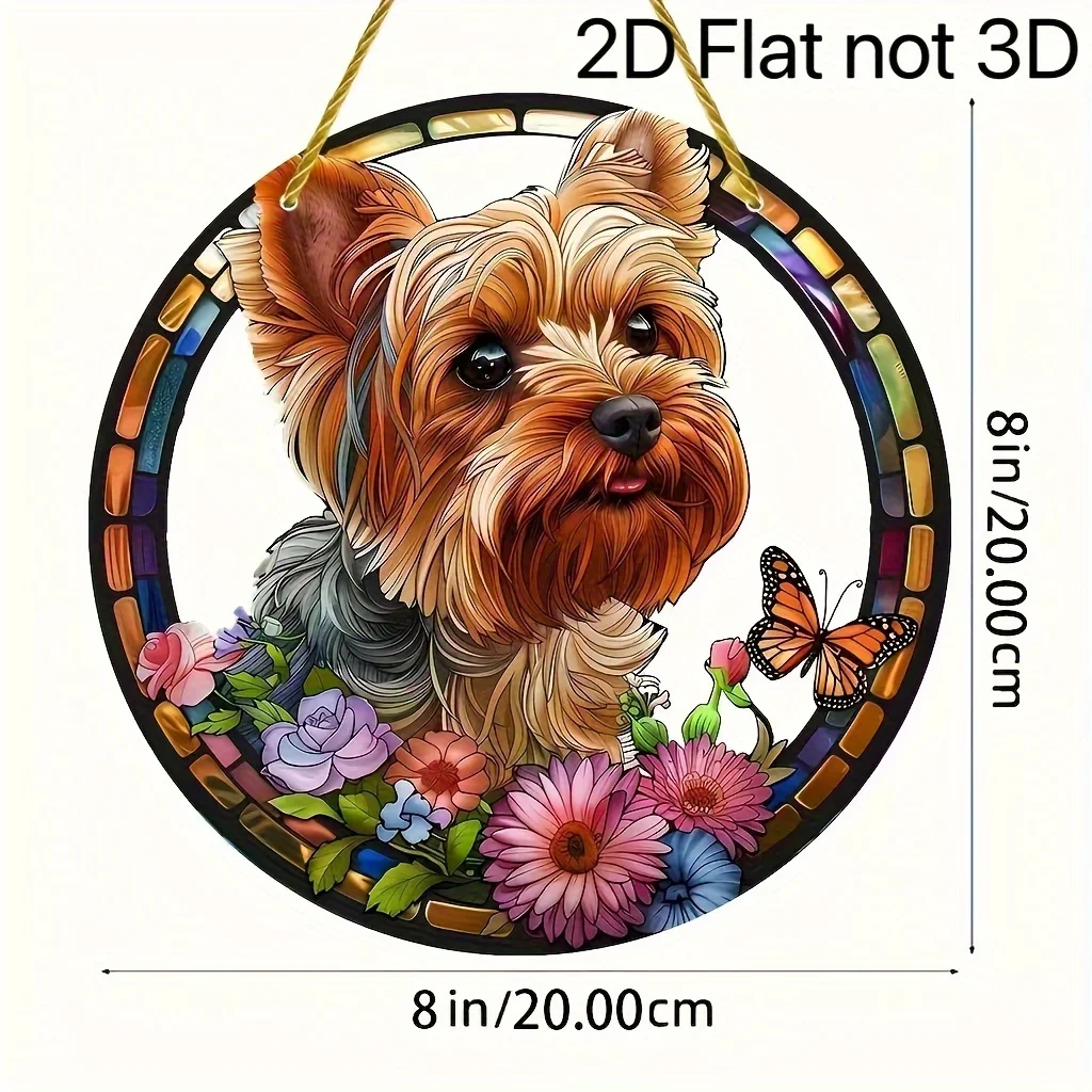 Acrylic Painting Adorable Yorkshire Terrier with Colorful Flowers and Butterfly Stained Glass Style Round Wall Decor, 2D Flat Pr