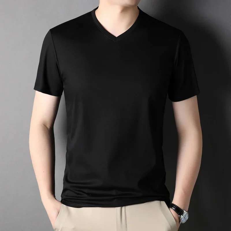 Mulberry Silk T-shirt Men 2024 Fashion Summer Thin Short Sleeve Men Tshirt Solid V-Neck Collar Regular Men Clothing ZL242