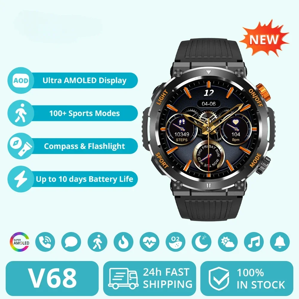 

V68 1.46'' HD Display Smartwatch Men 100 Sports Modes Compass Flashlight Military Grade Toughness Smart Watch