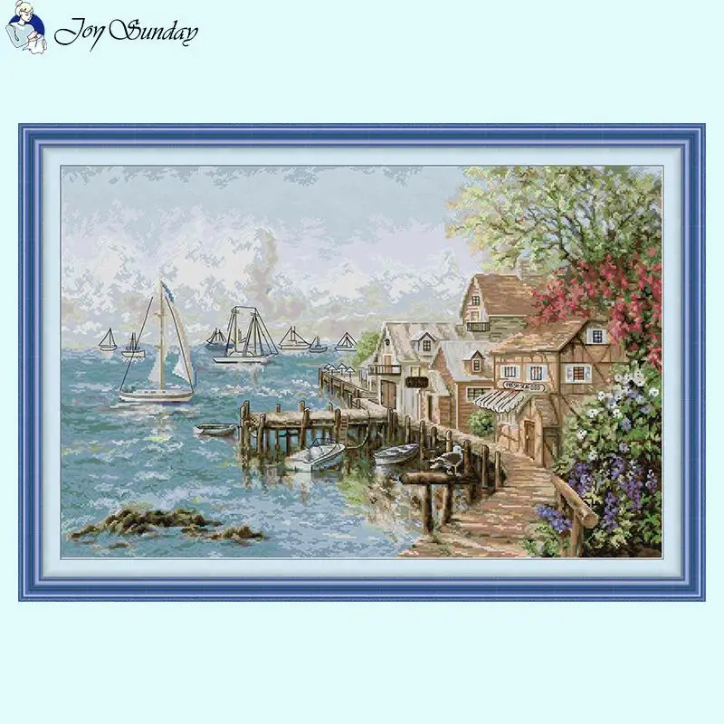 Sailor\'s Harbour Paesaggio coserno Stampato Punto croce Set 14CT Tela bianca 16CT 11CT Tessuto stampato Ago Filo Kit da ricamo