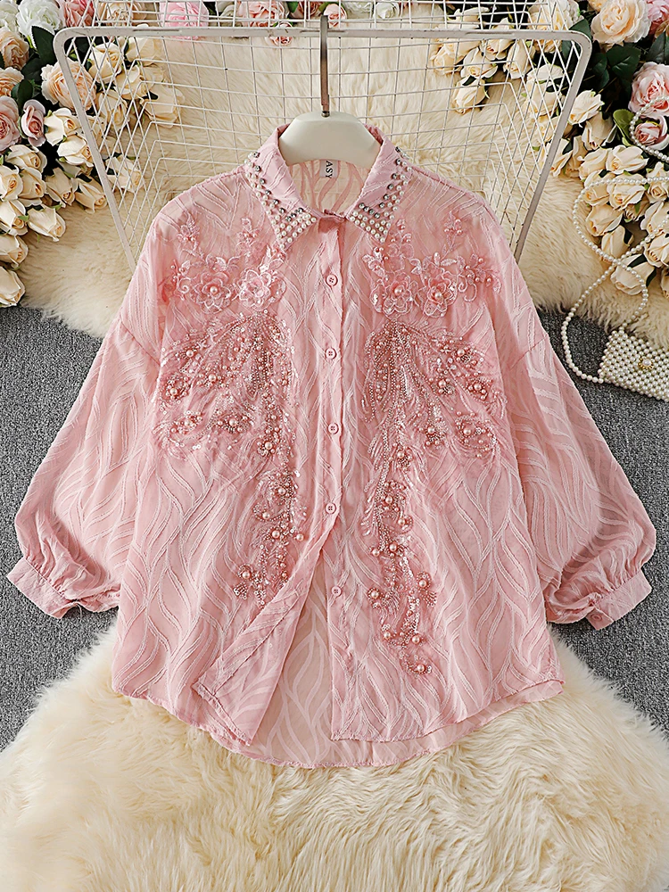 

Fashion Design Shirts Heavy Beading Solid Color Flower Patchwork Long Sleeve Blouses Spring Elegant All Match Women's Clothing
