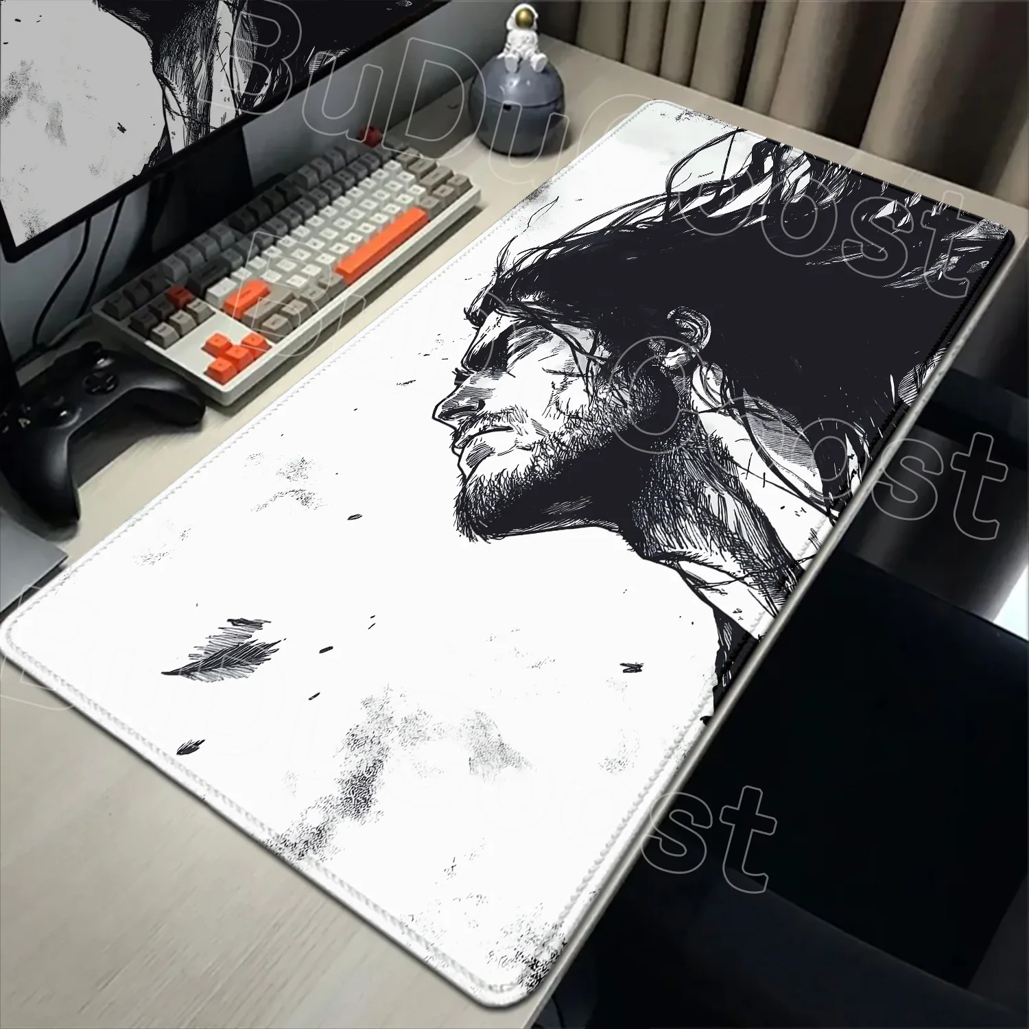 

Black White Japan Samurai Mouse Pad Laptop Miyamoto Musashi Manga Keyboard Pad XXL Anime Mousepad PC Gaming Accessories Desk Mat