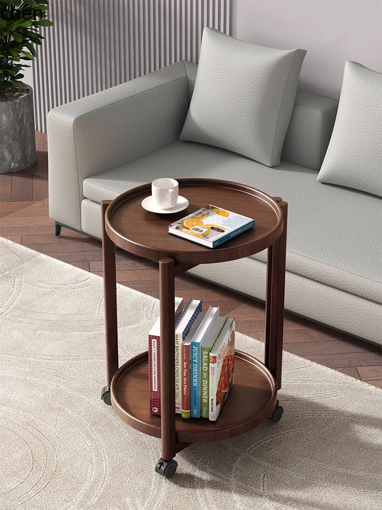 

HXL all solid wood edge table round with wheels small coffee table movable sofa living room corner table