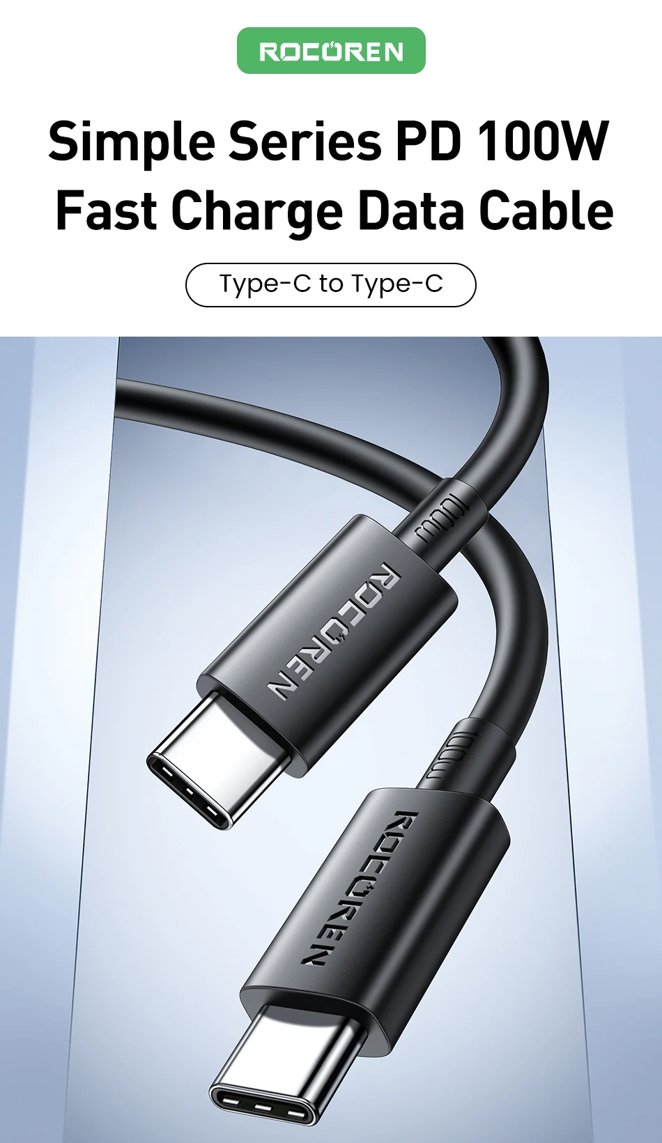Câble USB-C 100W Rocoren – USB-C vers USB-C PD 20V 5A QC 4.0 Charge Rapide 1 Mètre 1 Câble USB-C 100W Rocoren USB Type-C PD QC 4.0 1 mètre