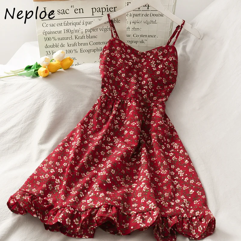 Neploe Vintage Print Bohemian Holiday Dress Women High Waist Hip A Line Slim Vestidos V Neck Sleeveless Off Shoulder Robe Summer