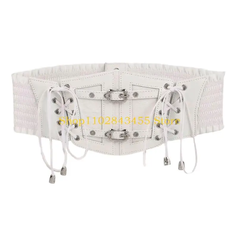 49MC Wide Waist Sash Faux Leather Waist Belt for Daily Outfit Styling, Elastic Cincher with Side Lacing for Dresses, Coats and